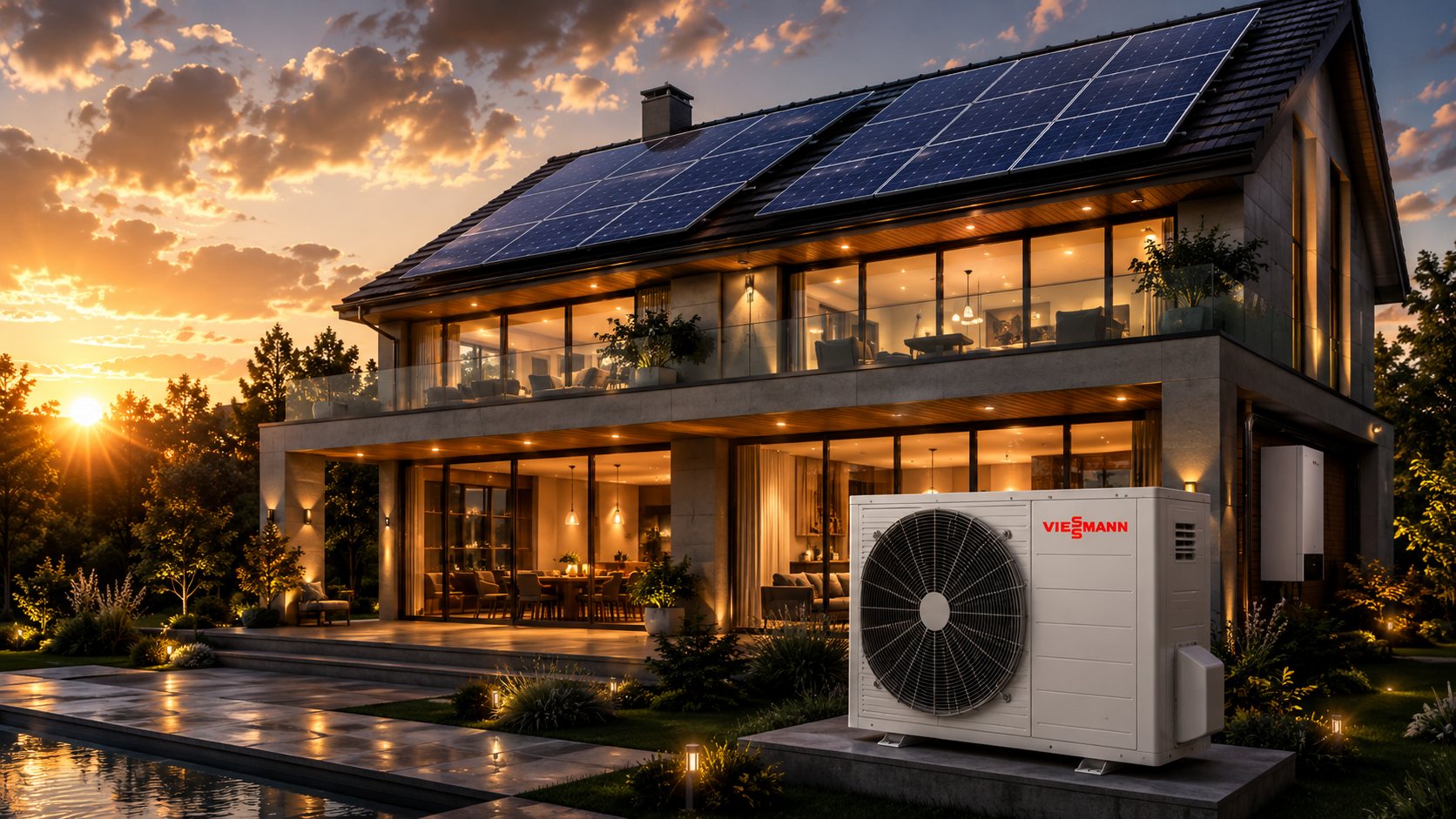 Güneş panelli modern ev ve bahçesindeki Viessmann ısı pompası dış ünitesi